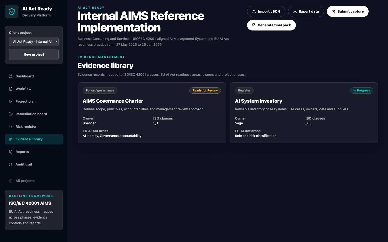 Evidence library screen in the AI Act Ready governance platform