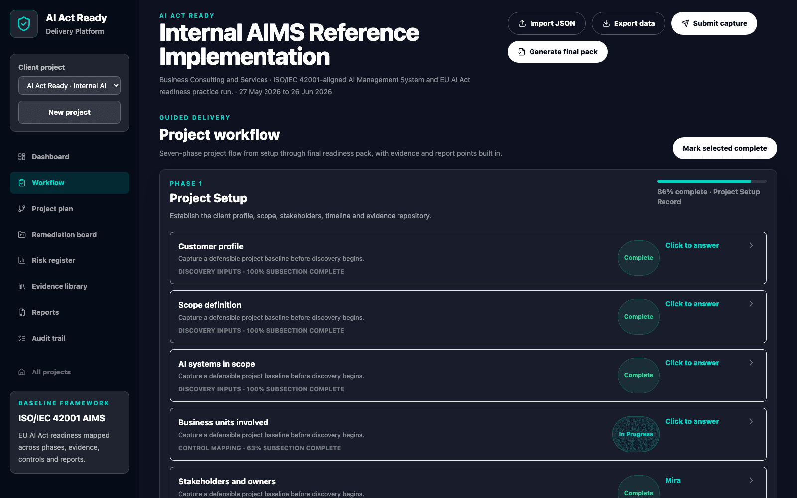 Guided governance workflow screen in the AI Act Ready governance platform