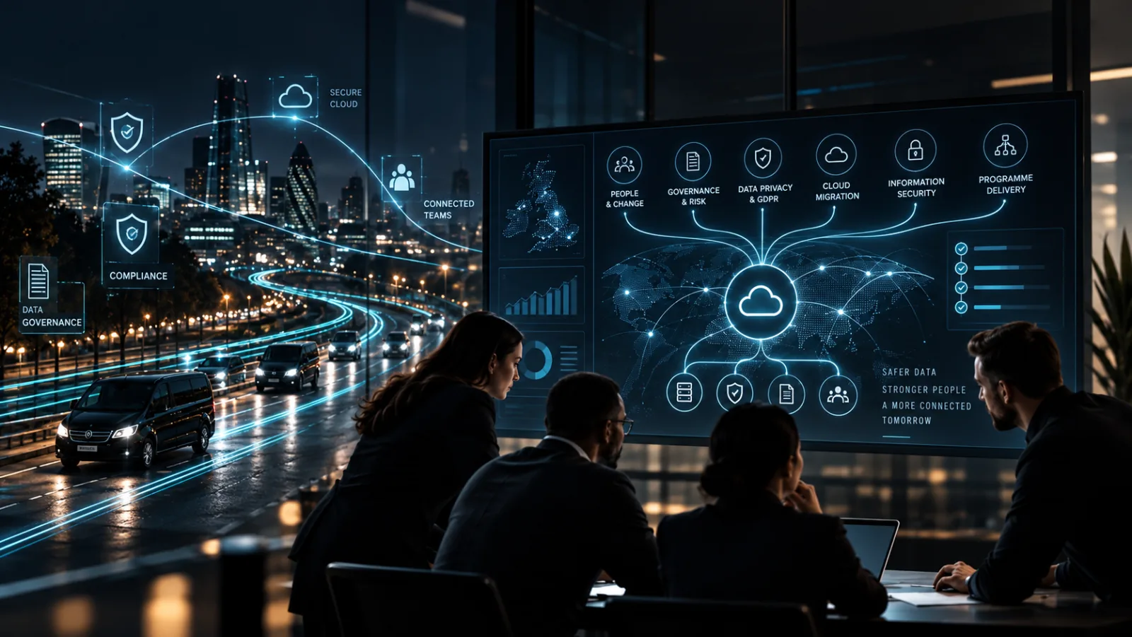 Enterprise transformation visual connecting data governance, cloud migration, information security, people and programme delivery